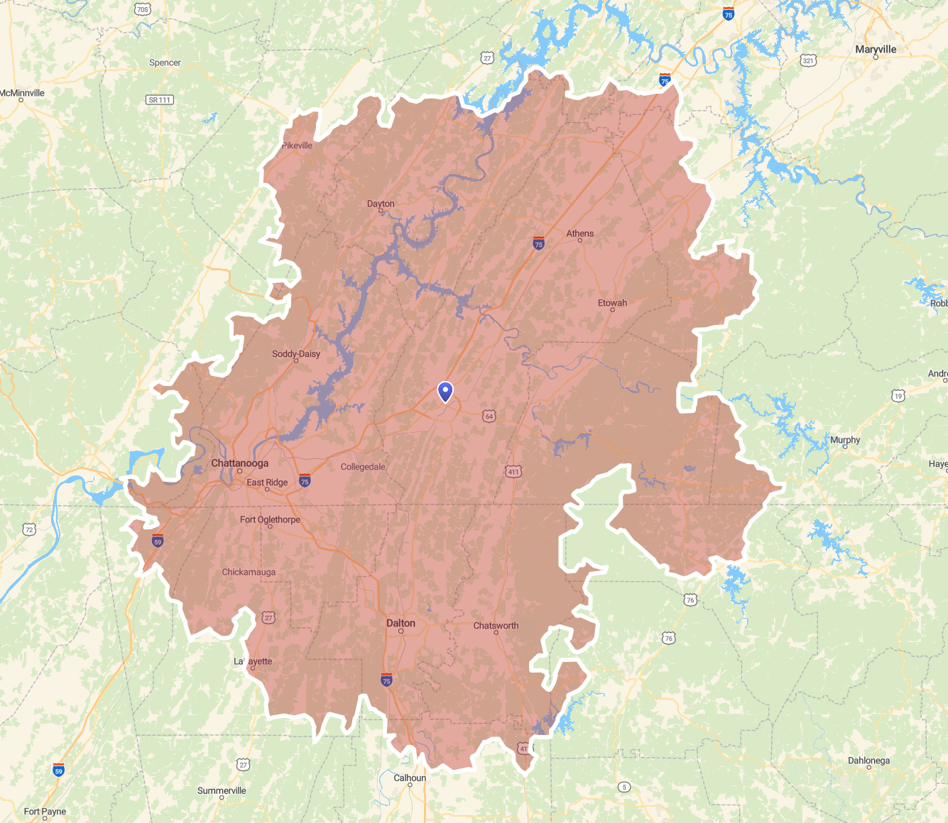 Service area map — Cleveland, TN and surrounding areas